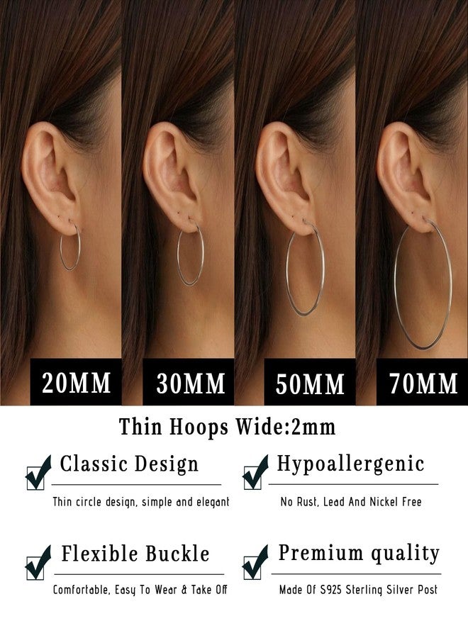 Senteria 2 mm Wide Earrings Silver 925 Hoop Earrings Hypoallergenic Hoop Earrings Gold Large Lightweight Thin Silver Earrings Women Girls 20/30/50/70 mm, 50 Millimeter, Copper, No Gemstone - Image 4