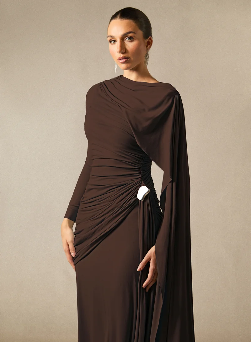 Sunfere Brown Elsie Long Sleeve Cape Detail Maxi Dress for Women | Best Price UAE