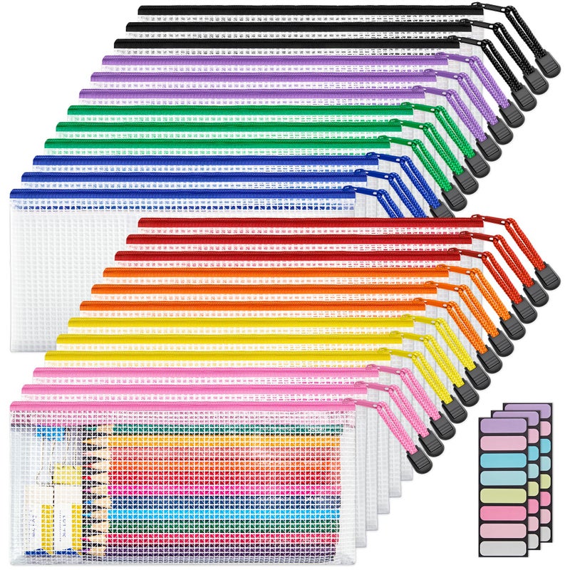 JARLINK 24 Pack A6 (9.3 Ã— 4.0 in) Mesh Zipper Pouch Bags, Waterproof Pencil Pouch for School Supplies Storage, Small Zipper Pouches for Cash, Cosmetics, Travel Organization, 8 Colors - Image 1