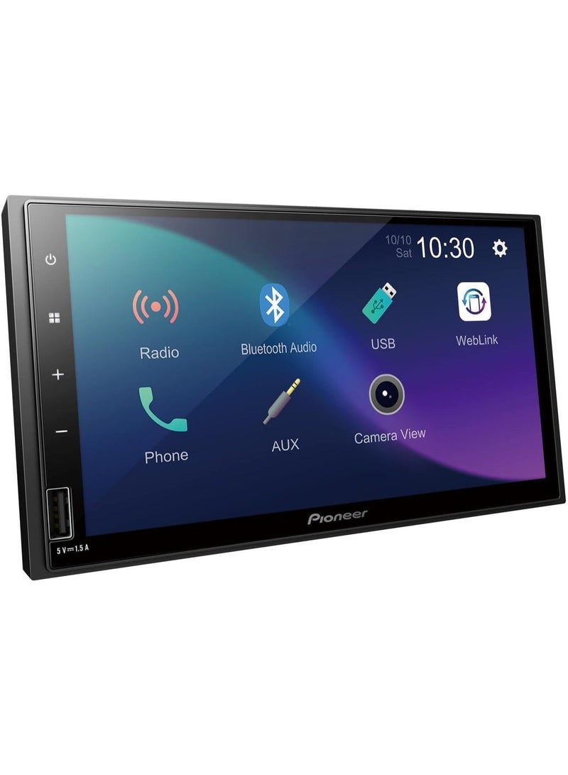 بايونير نظام صوتي للسيارة Pioneer DMH-A345BT، شاشة لمس سعوية WVGA مقاس 17.3 سم (6.8 بوصة)، يدعم Bluetooth/USB/AUX/الراديو وتقنية Weblink (لعرض شاشة الهاتف)، تشغيل فيديو Full HD عبر USB، معادل صوت (EQ) بـ 13 نطاقاً، 3 مخارج مسبقة (2 فولت)، مضخم صوت MOSFET بقوة 50 واط × 4، مخرج فيديو، ودعم كاميرا خلفية. - Image 1