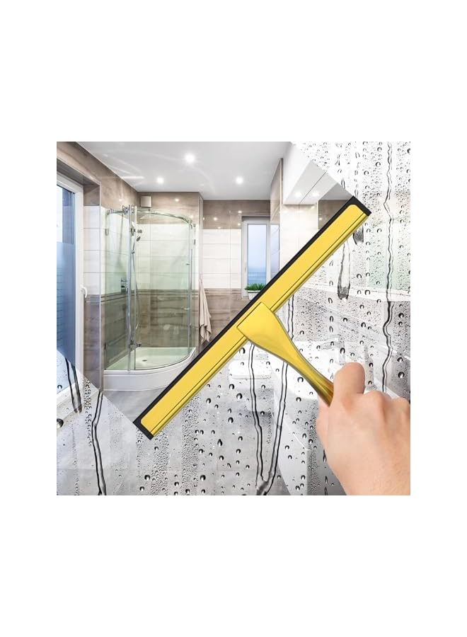 Green Tiger All-Purpose Stainless Steel Shower Squeegee for Shower Doors with Adhesive Hooks, Bathroom Cleaner Tool Household Window Mirror Squeegee for Home Cleaning, Glass Door, Tile Wall, Car, 25.5cm (Gold) - Image 2