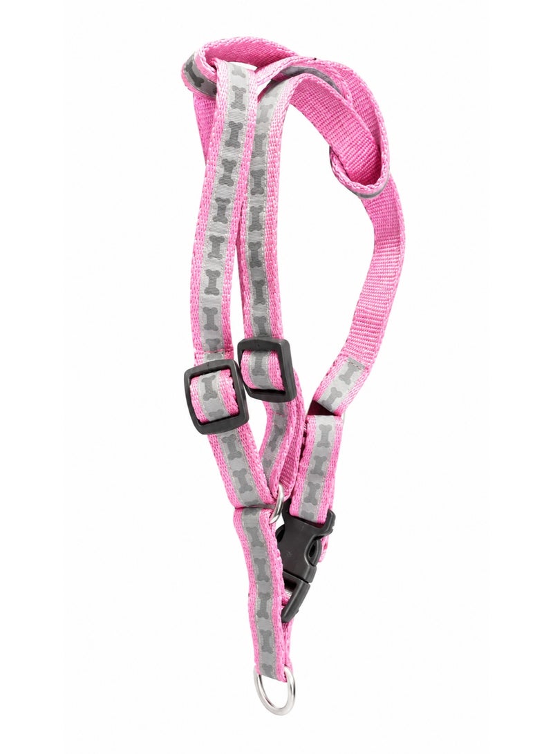 Pink Dog Harness with Reflective Bone Pattern, Adjustable Nylon Straps, Quick-Release Buckle, Medium