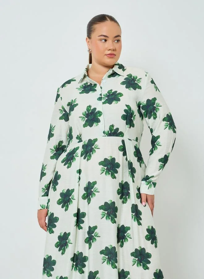 Styli Plus Size Green Floral Shirt Midi Dress