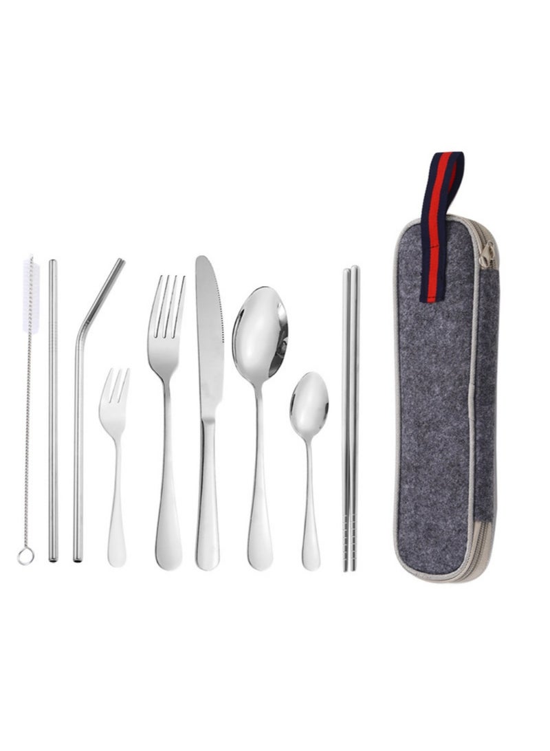 KUYING Outdoor Portable Tableware Set Camping Picnic Stainless Steel knife Fork Spoon 9-Piece Set 