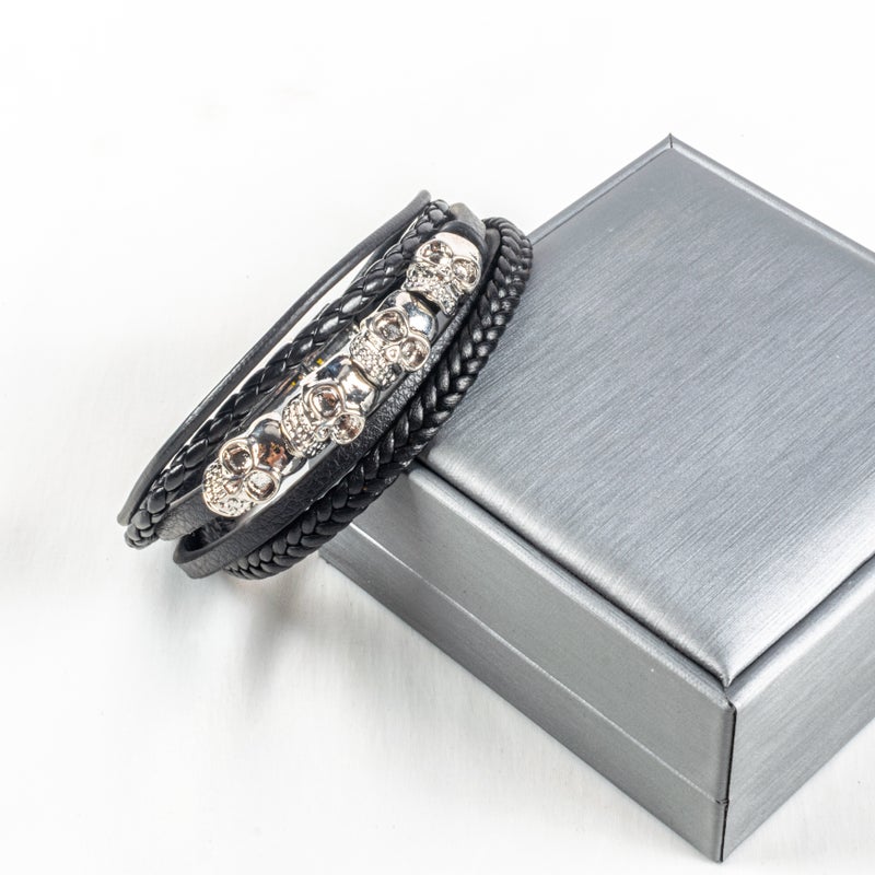 Stainless Steel & Leather Multi Layered Black Silver Bracelet For Him Skulls - Image 2