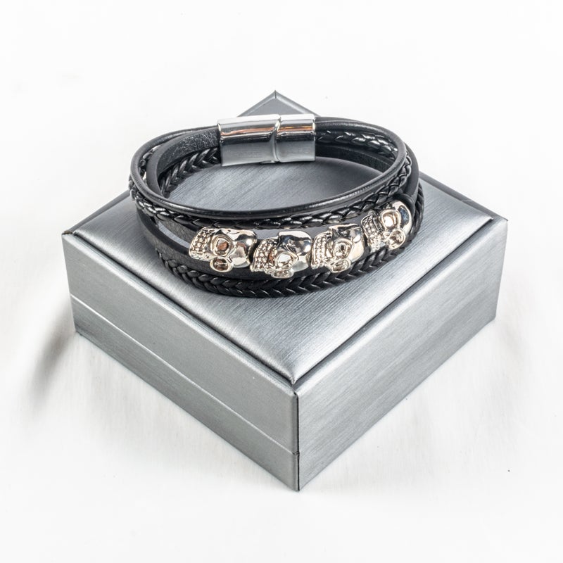Stainless Steel & Leather Multi Layered Black Silver Bracelet For Him Skulls - Image 1
