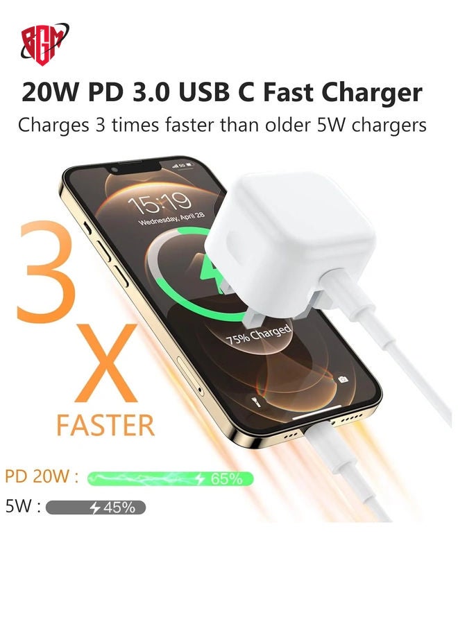 BGM iPhone Fast Charger Plug and Cable [MFi Certified] 20W PD USB-C iPhone Charger Fast Charge Plug UK with 2M iPhone Fast Charger Cable Lightning Cable for iPhone 14/14 Pro Max/13/12/11/XS/XR/XS/8,iPad  - Image 3