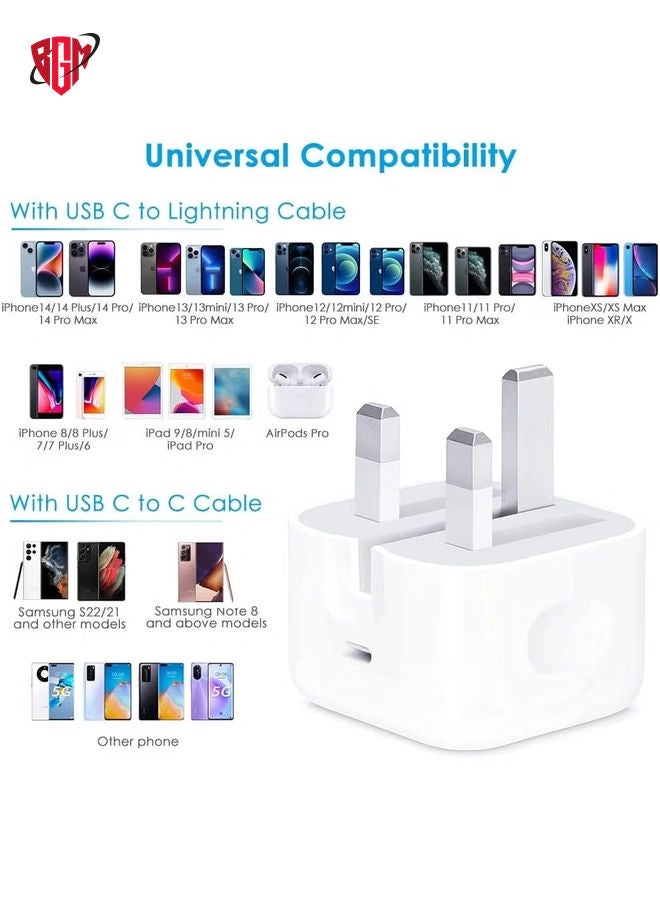 BGM iPhone Fast Charger Plug and Cable [MFi Certified] 20W PD USB-C iPhone Charger Fast Charge Plug UK with 2M iPhone Fast Charger Cable Lightning Cable for iPhone 14/14 Pro Max/13/12/11/XS/XR/XS/8,iPad  - Image 2