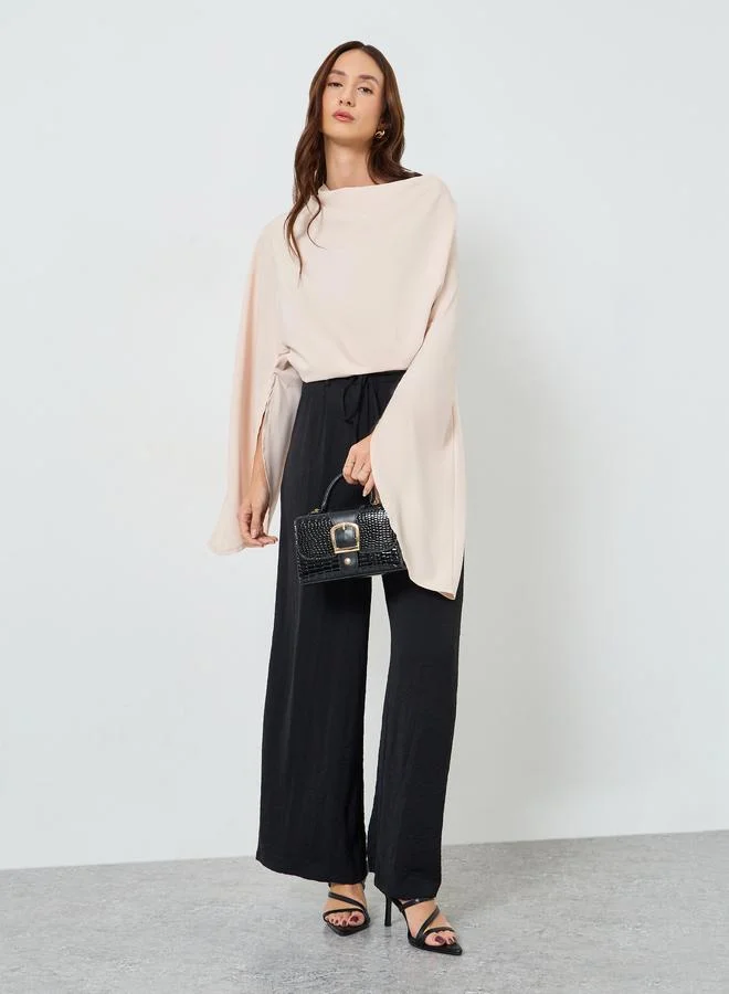 Take Two Women Beige Cowl Neck Split Sleeve Satin Top