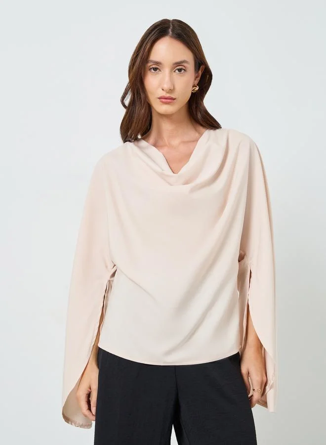 Take Two Women Beige Cowl Neck Split Sleeve Satin Top
