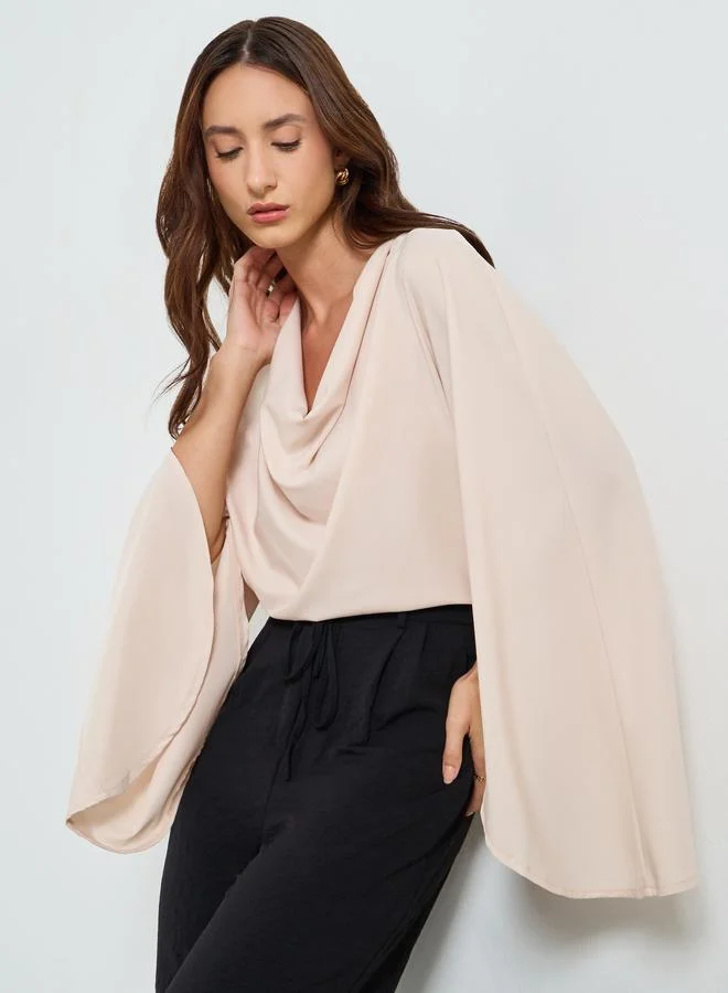 Take Two Women Beige Cowl Neck Split Sleeve Satin Top