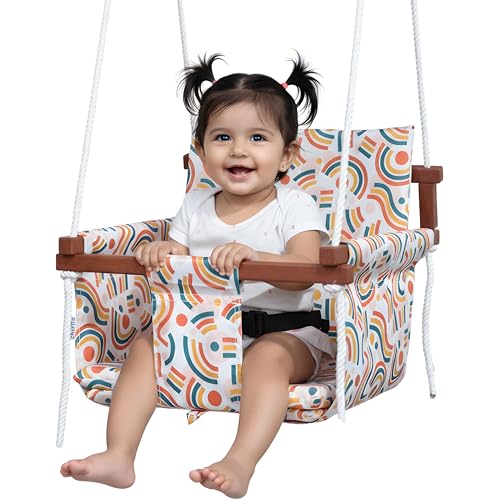 Cherilo Wooden Swing for Kids 6 Months to 5 Years | Indoor Outdoor Hanging Jhula for Kids | Comfortable & Safe Swing with 2 Cushions and Safety Belt | Strong Wooden Frame Swing for Baby - Free Vector - Image 1
