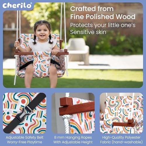 Cherilo Wooden Swing for Kids 6 Months to 5 Years | Indoor Outdoor Hanging Jhula for Kids | Comfortable & Safe Swing with 2 Cushions and Safety Belt | Strong Wooden Frame Swing for Baby - Free Vector - Image 2