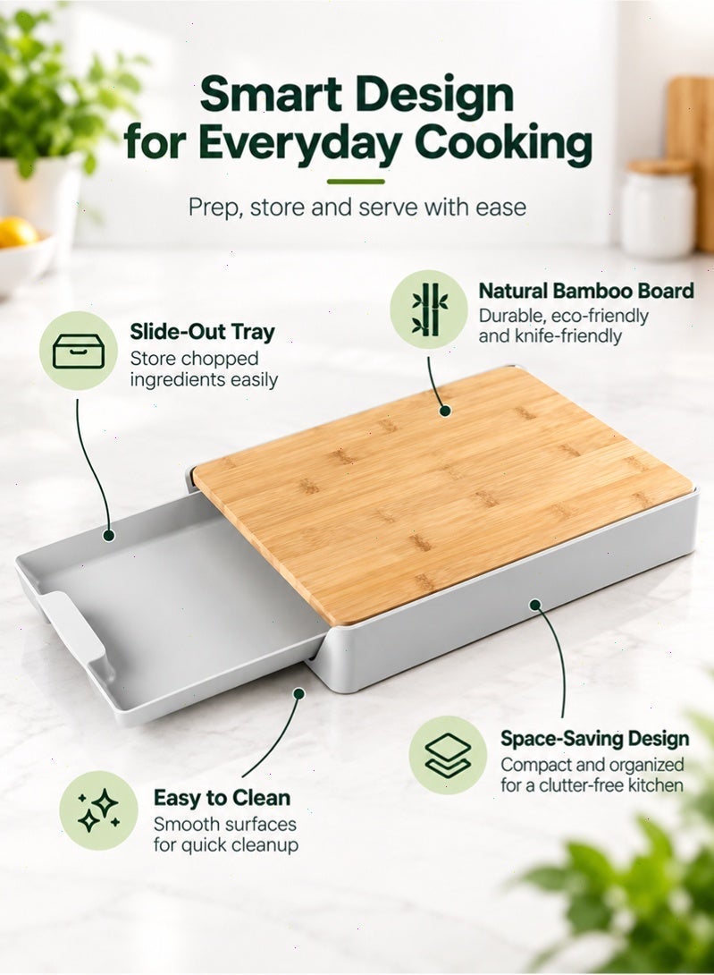 Topyich Bamboo Cutting Board with Pull-Out Drawer Tray, Anti-Slip Hangable Chopping Board, Multi-Functional Kitchen Cutting Board for Home - Image 3
