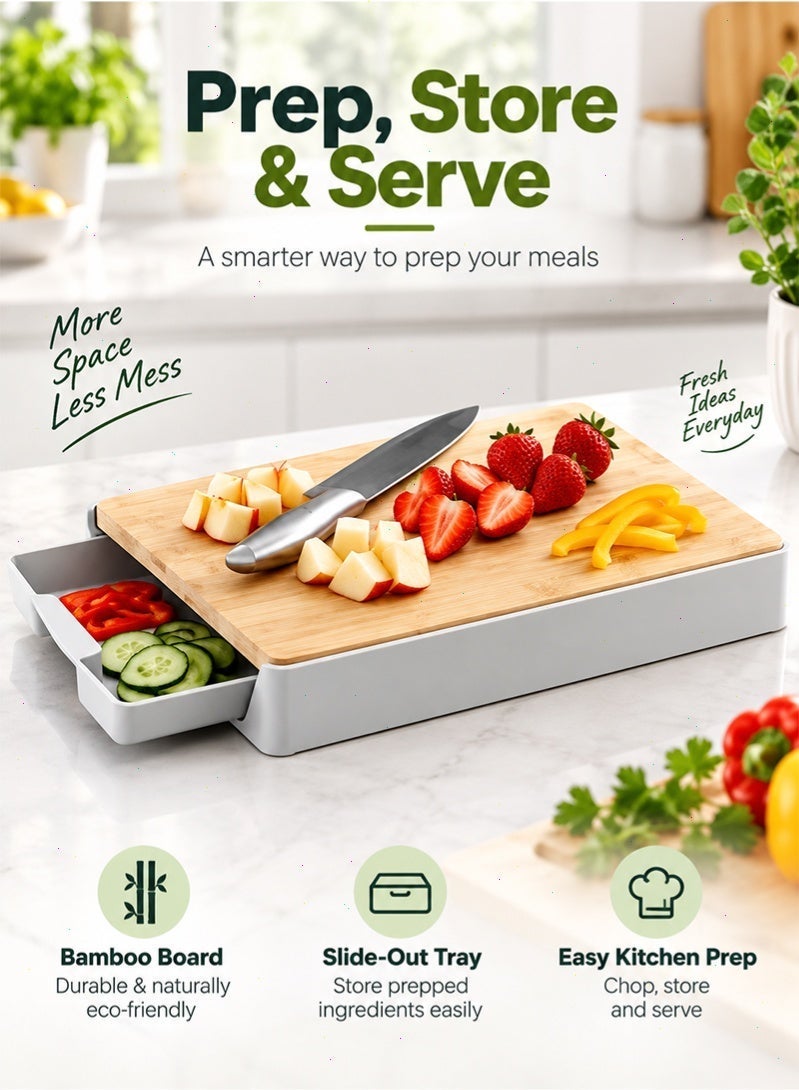 Topyich Bamboo Cutting Board with Pull-Out Drawer Tray, Anti-Slip Hangable Chopping Board, Multi-Functional Kitchen Cutting Board for Home - Image 1