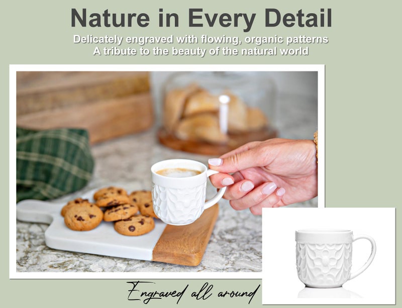 25DOL Ceramic Espresso Cups Set of 2 - White Cappuccino Cup with Nature Engravings and Comfort-Grip Handle - Expresso Coffee cups, 3.3 Oz Small Lead-Free Shot Mugs, Safe for Dishwasher, Microwave - Image 2