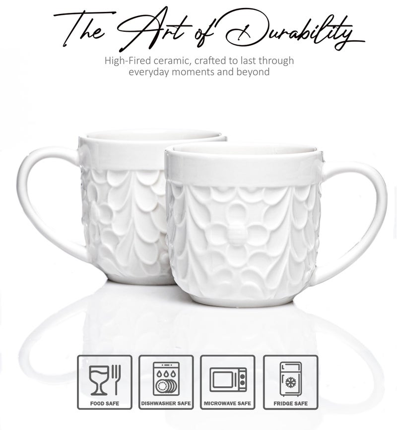 25DOL Ceramic Espresso Cups Set of 2 - White Cappuccino Cup with Nature Engravings and Comfort-Grip Handle - Expresso Coffee cups, 3.3 Oz Small Lead-Free Shot Mugs, Safe for Dishwasher, Microwave - Image 4
