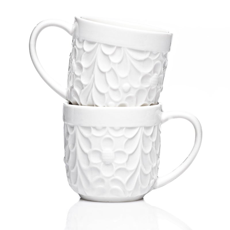 25DOL Ceramic Espresso Cups Set of 2 - White Cappuccino Cup with Nature Engravings and Comfort-Grip Handle - Expresso Coffee cups, 3.3 Oz Small Lead-Free Shot Mugs, Safe for Dishwasher, Microwave - Image 1