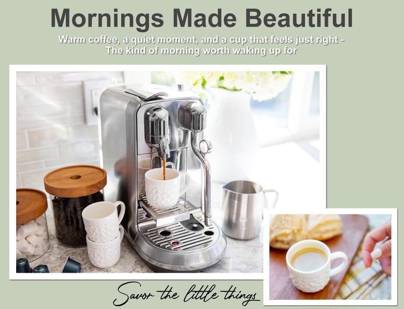 25DOL Ceramic Espresso Cups Set of 2 - White Cappuccino Cup with Nature Engravings and Comfort-Grip Handle - Expresso Coffee cups, 3.3 Oz Small Lead-Free Shot Mugs, Safe for Dishwasher, Microwave - Image 3
