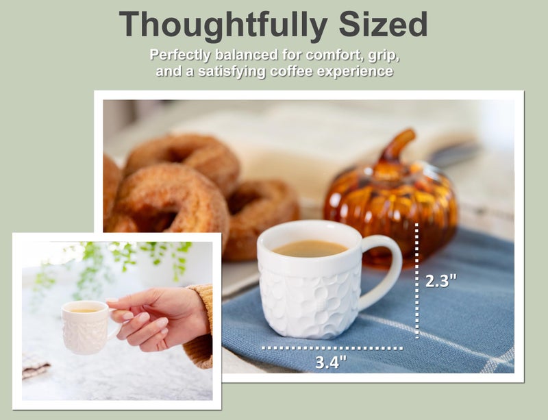 25DOL Ceramic Espresso Cups Set of 2 - White Cappuccino Cup with Nature Engravings and Comfort-Grip Handle - Expresso Coffee cups, 3.3 Oz Small Lead-Free Shot Mugs, Safe for Dishwasher, Microwave - Image 5