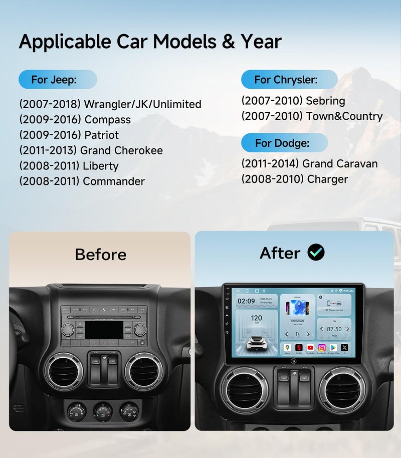 AINAVIGO Car Radio Stereo Upgrade for Jeep Wrangler JK Compass Grand Cherokee Dodge Ram with Wireless CarPlay/Android Auto/10.2'' TouchScreen/Android13/GPS Navigation/Backup Camera (New-HC-Jeep 2+32G) - Image 2