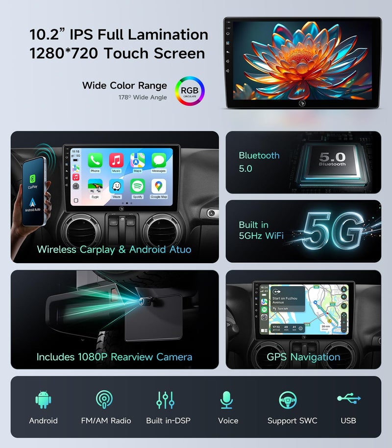 AINAVIGO Car Radio Stereo Upgrade for Jeep Wrangler JK Compass Grand Cherokee Dodge Ram with Wireless CarPlay/Android Auto/10.2'' TouchScreen/Android13/GPS Navigation/Backup Camera (New-HC-Jeep 2+32G) - Image 4