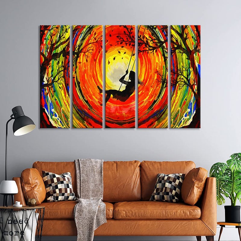 999STORE 5 panel wall painting wall frames wall hanging girls swinging on the swing art panels modern art (MDF_Size_76x130 cms_color_Multi) S5Frames0535 - Image 1