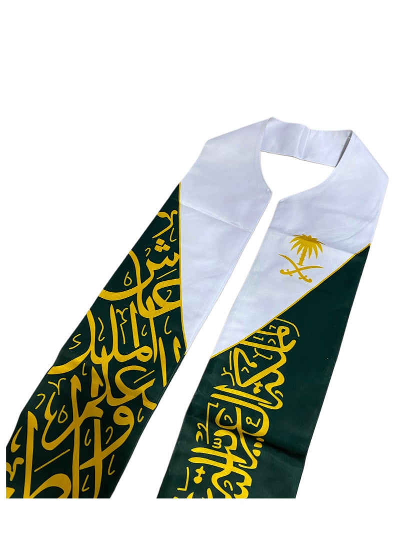 Toy Box Saudi National Day Green And White Satin Scarf for Men & Women – Traditional Saudi Celebration Sash with Tassels - Image 2