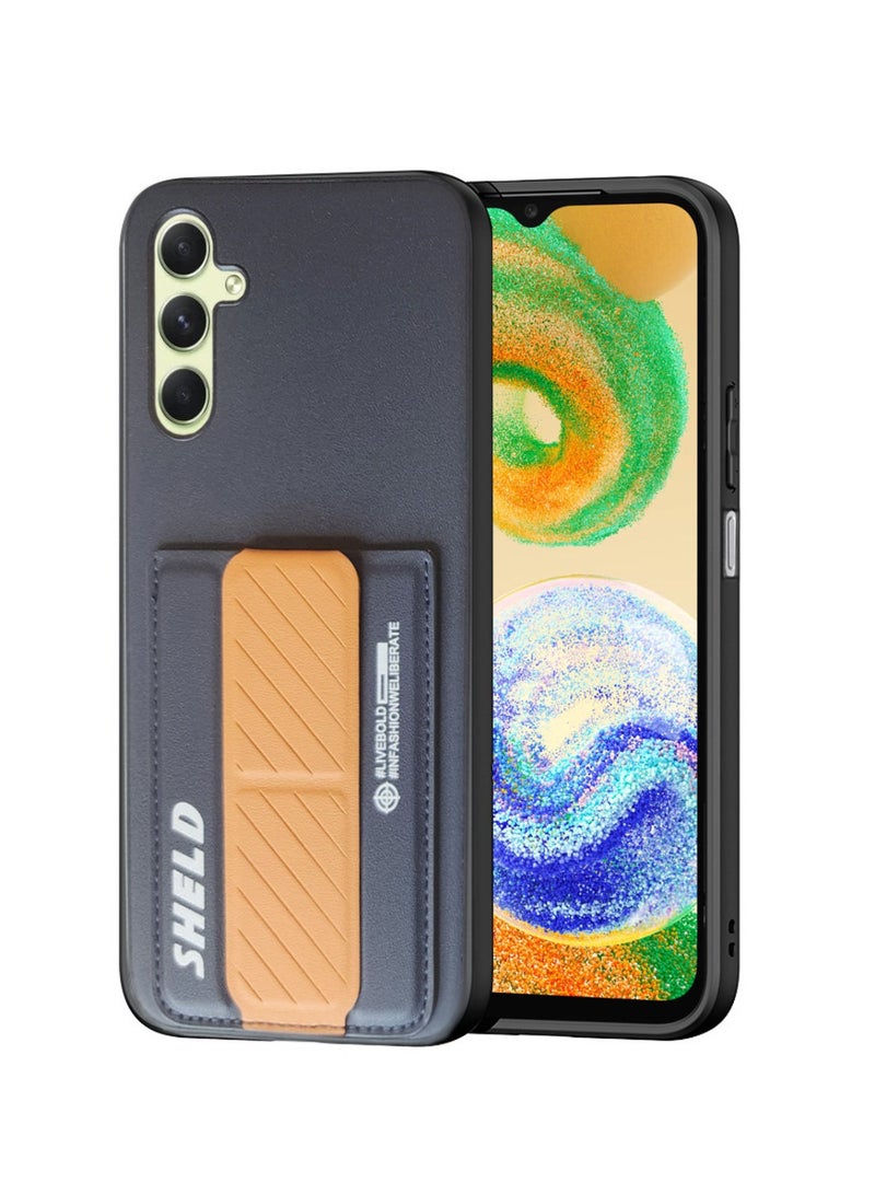 Techie Aesthetic Fashion Frosted Finished PU Leather Card Holder with Magnetic Secure Hand Grip Kickstand Back Cover Case for Samsung Galaxy A04s – Navy Blue / Brown  - Image 1