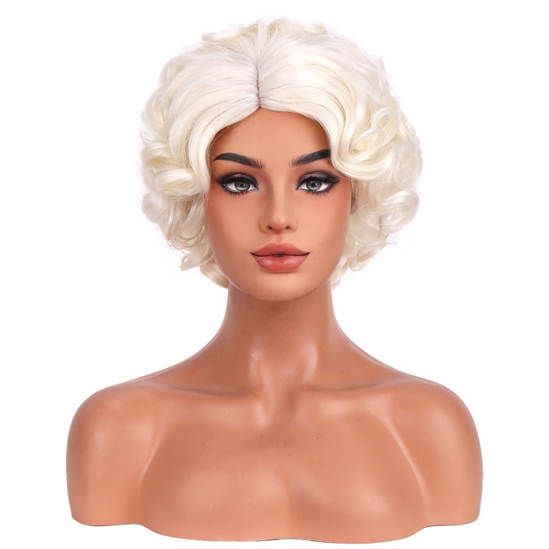 BERON Short Blonde Curly Wig Natural Platinum Blonde Wavy Wigs for Cosplay Costume Party Come with Wig Cap