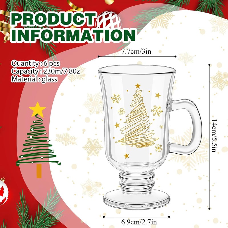 Sliner Set of 6 Christmas Tree Glass Coffee Mugs with Handle, 8 oz Clear Irish Coffee Mugs Footed Irish Coffee Glasses Christmas Glasses Winter Holiday Mugs for Beverages Latte Hot Chocolate - Image 3