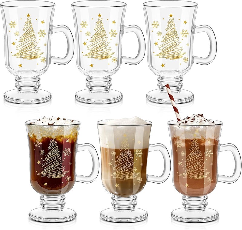 Sliner Set of 6 Christmas Tree Glass Coffee Mugs with Handle, 8 oz Clear Irish Coffee Mugs Footed Irish Coffee Glasses Christmas Glasses Winter Holiday Mugs for Beverages Latte Hot Chocolate - Image 1