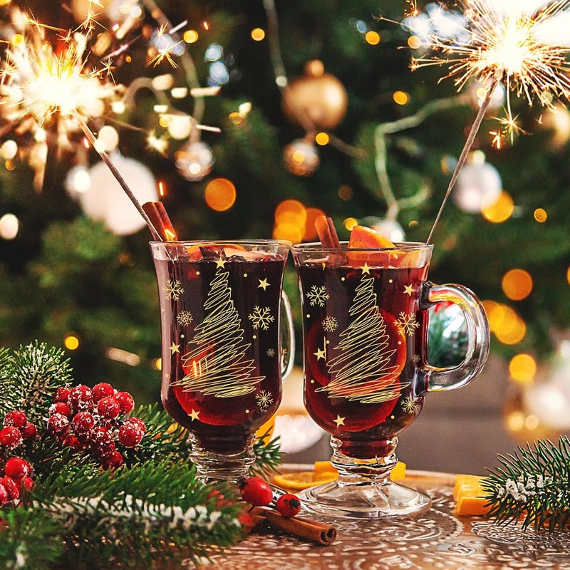 Sliner Set of 6 Christmas Tree Glass Coffee Mugs with Handle, 8 oz Clear Irish Coffee Mugs Footed Irish Coffee Glasses Christmas Glasses Winter Holiday Mugs for Beverages Latte Hot Chocolate - Image 5