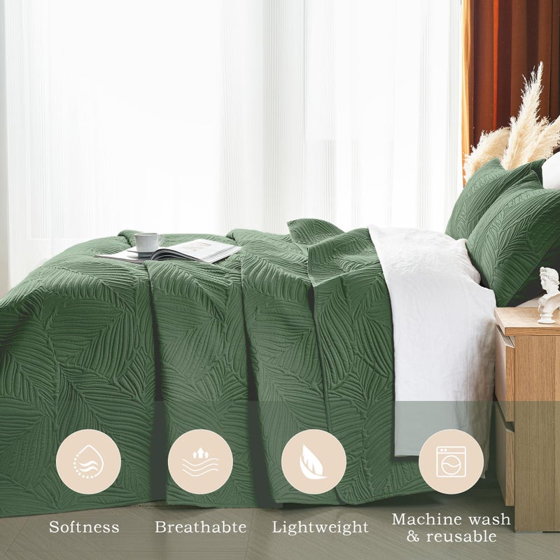OARAGE King Quilt Bedding Set Lightweight Soft Olive Green Bedspread Coverlet with Leaf Pattern,Ultrasonic Microfiber Bed Cover Set for All Season 3 Pieces (1 Quilt, 2 Shams) - Image 3