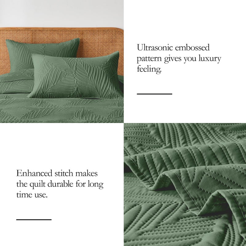 OARAGE King Quilt Bedding Set Lightweight Soft Olive Green Bedspread Coverlet with Leaf Pattern,Ultrasonic Microfiber Bed Cover Set for All Season 3 Pieces (1 Quilt, 2 Shams) - Image 5