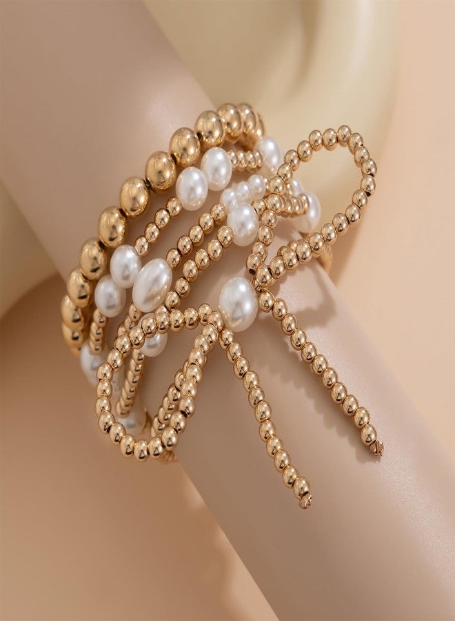 MIFYNN Gold Bow Bracelet for Women Gold Beaded Bracelets Stretch Bead Ball Bracelets Pearl Stackable Bracelets Adjustable Gold Jewelry for Women - Image 4
