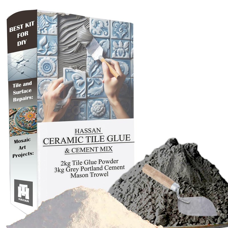 Hassan Ceramic Tile Glue & Cement Mix Combo - 2kg Tile Glue Powder, 3kg Grey Cement, Mason Trowel - Image 1