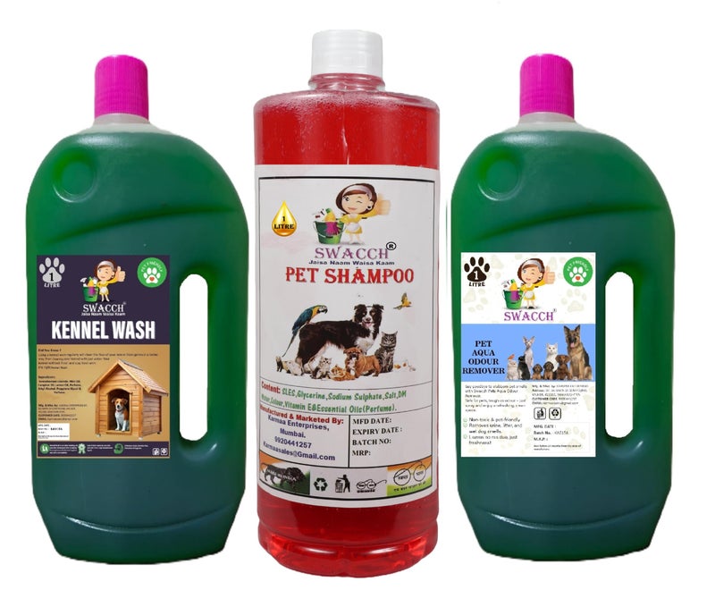 swacch Kennel Wash (Jasmine) + Pet Shampoo (Jasmine) I Pet Aqua Odour Remover (Mogra) 1 Litre Combo Pack of 3 Economical Pack I Dog and Cat Friendly - Image 1