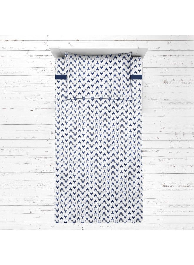 Bacati - 100% Cotton Muslin Tribal/Aztec 3 Piece Toddler Bed Sheet Set Includes Fitted Sheet, Top Sheet, and Pillow Case (Navy Bucks) - Image 1