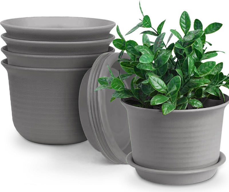 INKULTURE Plastic Round Flower Pots with Tray for Home Planters, Terrace, Garden Etc | Pack of 05 | Dark Grey | Size 8 Inch | for Home Indoor & Outdoor Gardening Plants - Image 1