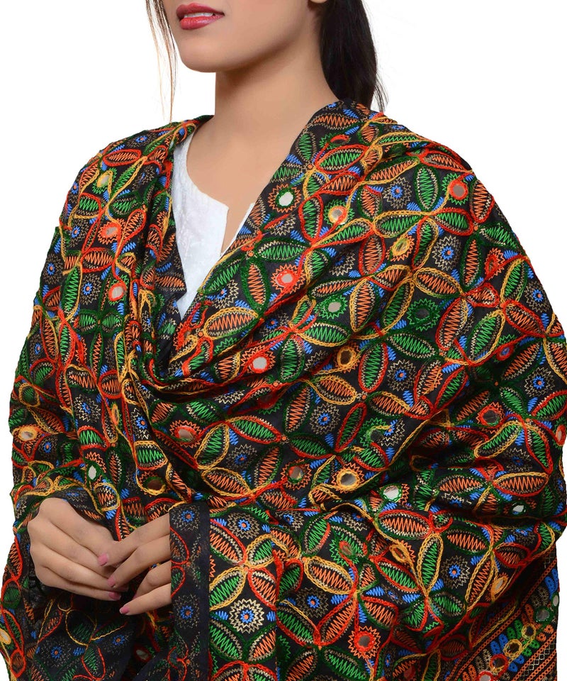 Banjara India Women Cotton Embroidered Kutch Work Dupatta RASNA (Black) - Image 4