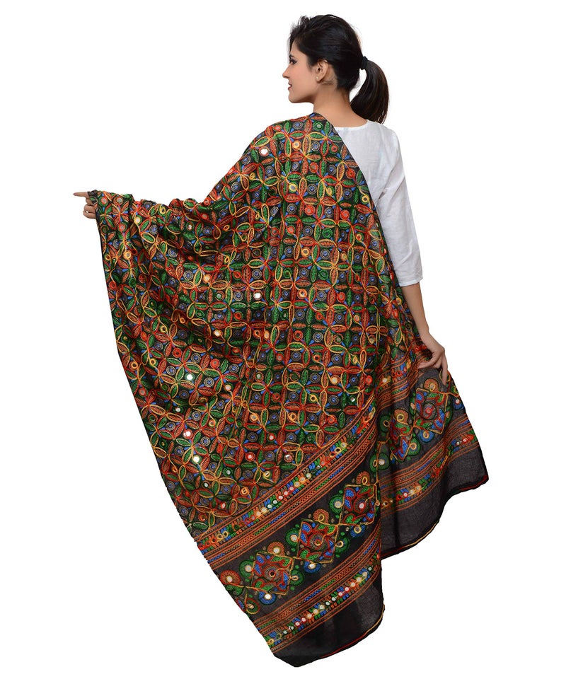 Banjara India Women Cotton Embroidered Kutch Work Dupatta RASNA (Black) - Image 3
