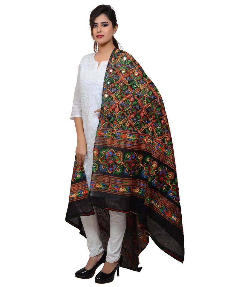 Banjara India Women Cotton Embroidered Kutch Work Dupatta RASNA (Black) - Image 2