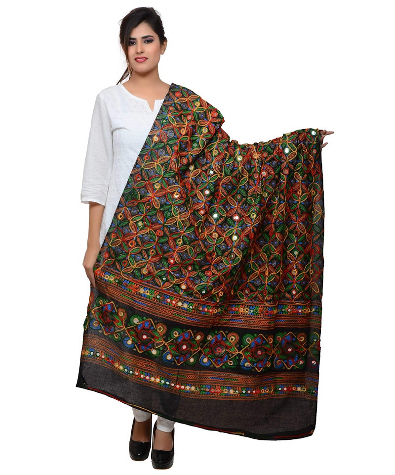 Banjara India Women Cotton Embroidered Kutch Work Dupatta RASNA (Black) - Image 1