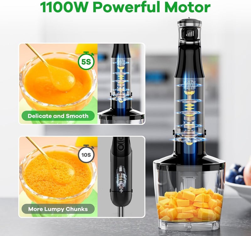 NIUB Immersion Hand Blender, 1000W Trigger Variable Speed 5 in 1 Stick Blender, Emulsion Blender with Chopper, Whisk and Frother for Soup, Baby Food and Smoothies - Image 2
