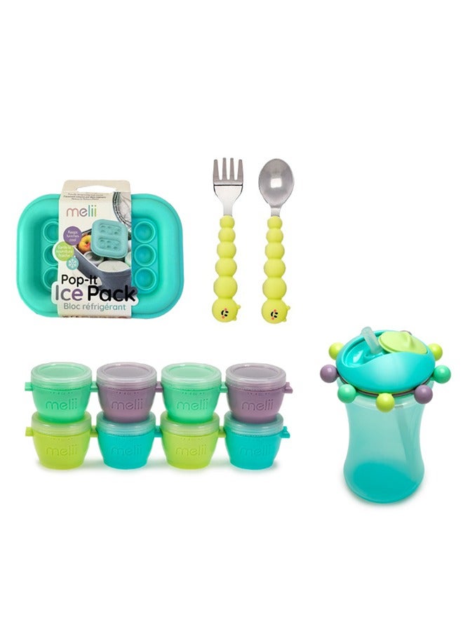 melii Snap And Go Pods Baby Food Storage Container (4 oz, 8 pcs), Abacus Straw Sippy Cup (Turquoise, 340 ml), Silicone Caterpillar Spoon And Fork Set, Silicone Pop-It Ice Pack (Turquoise) - Image 1