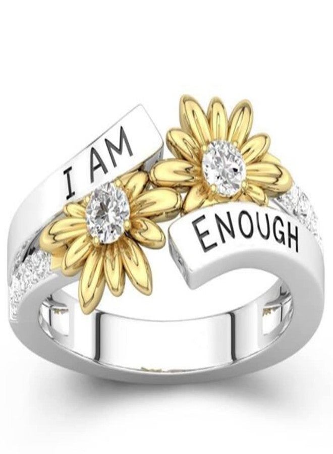 Jude Jewelers Rhodium Plated Silver Gold Two Tone Sun Flower I am Enough Mantra Inspirational Ring (Silver Gold, 10)