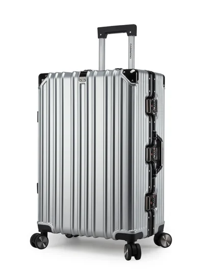 CABINPRO Lightweight Aluminum Frame Fashion Luggage Trolley Polycarbonate Hard Case Medium Checked Luggage Suitcase with 4 Quite 360 Degree Double Spinner Wheels CP001 Silver