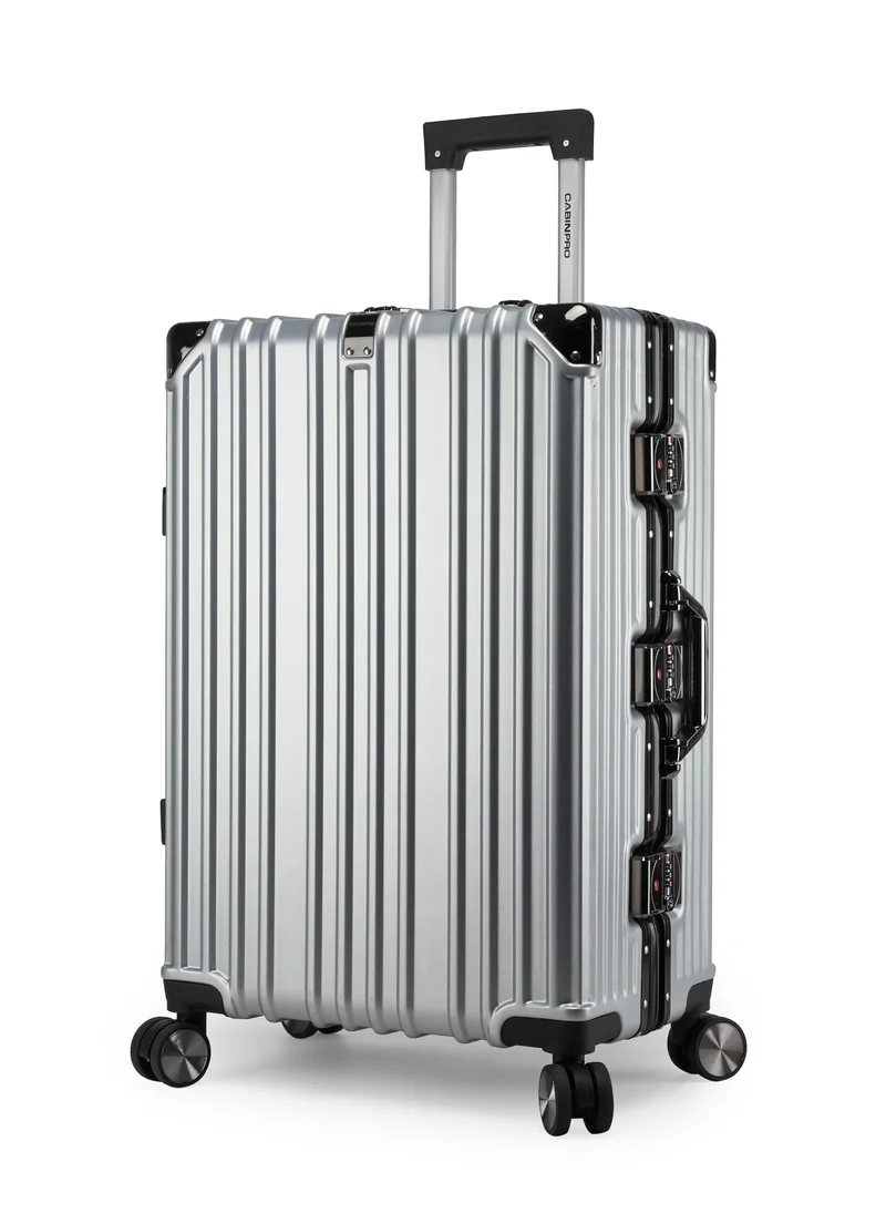 CABINPRO Lightweight Aluminum Frame Fashion Luggage Trolley Polycarbonate Hard Case Medium Checked Luggage Suitcase with 4 Quite 360 Degree Double Spinner Wheels CP001 Silver