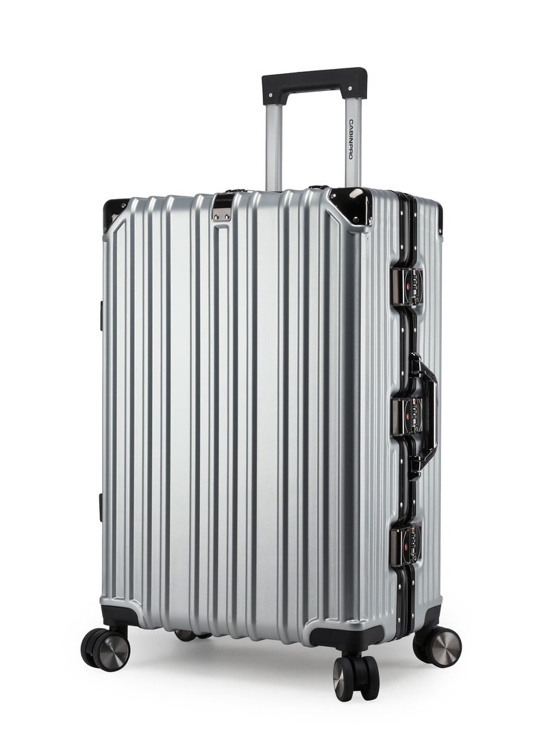 CABINPRO Lightweight Aluminum Frame Fashion Luggage Trolley Polycarbonate Hard Case Medium Checked Luggage Suitcase with 4 Quite 360 Degree Double Spinner Wheels CP001 Silver  - Image 1